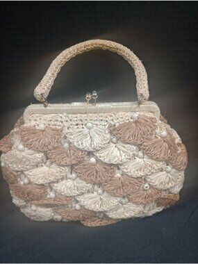 Vintage Retro Mid Century Taupe/Beige 1950s  Walborg Woven Raffia Straw Hand Bag